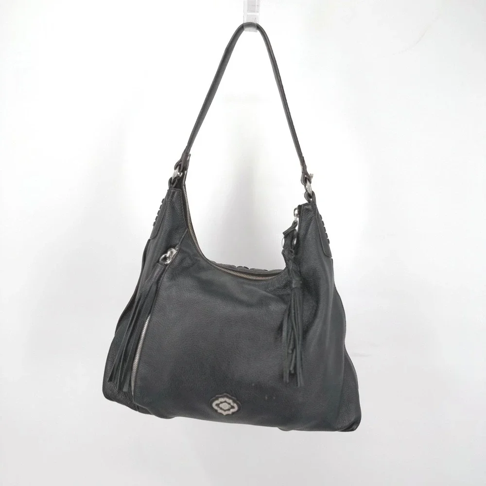 Born Leather Hobo‎ Bag Womens Large Black Tassel Whipstitch Shoulder Bag